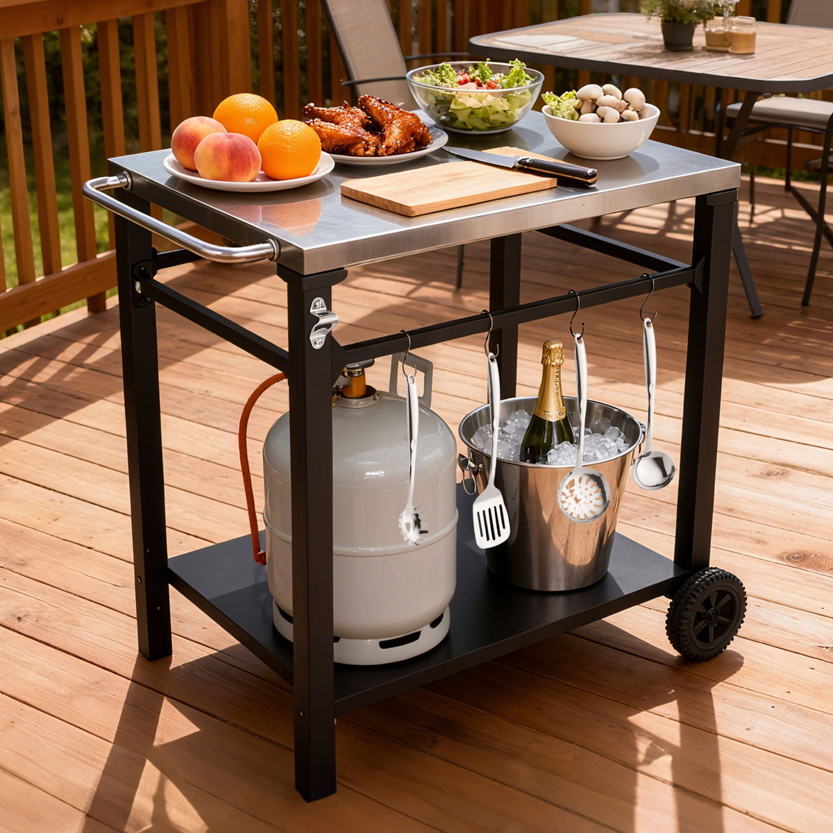 2-Tier Outdoor Grill Cart with Stainless Steel Top, Large Wheels & Tool Hooks, Movable BBQ Prep Table, Rolling Serving Bar Cart for Patio, Backyard, Pizza Oven Stand, Black