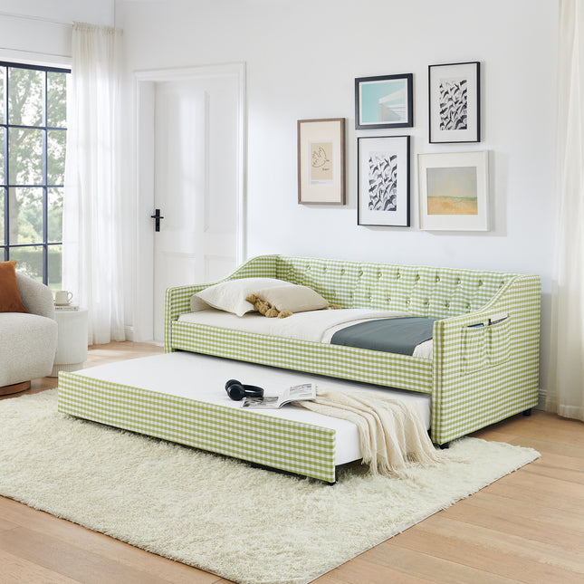 Twin‑Size Daybed,Upholstered Convertible Daybed with Tufted Button Backrest, 3‑in‑1 Versatile Sofa Bed with Pull‑Out Trundle & Side Storage, Perfect for Compact Living-Green