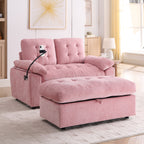 Leisure sofa chair,Double sofa recliner, with manually adjustable backrest, soft padded armrests, side USB charging port and phone stand, comes with a matching storage ottoman-Pink