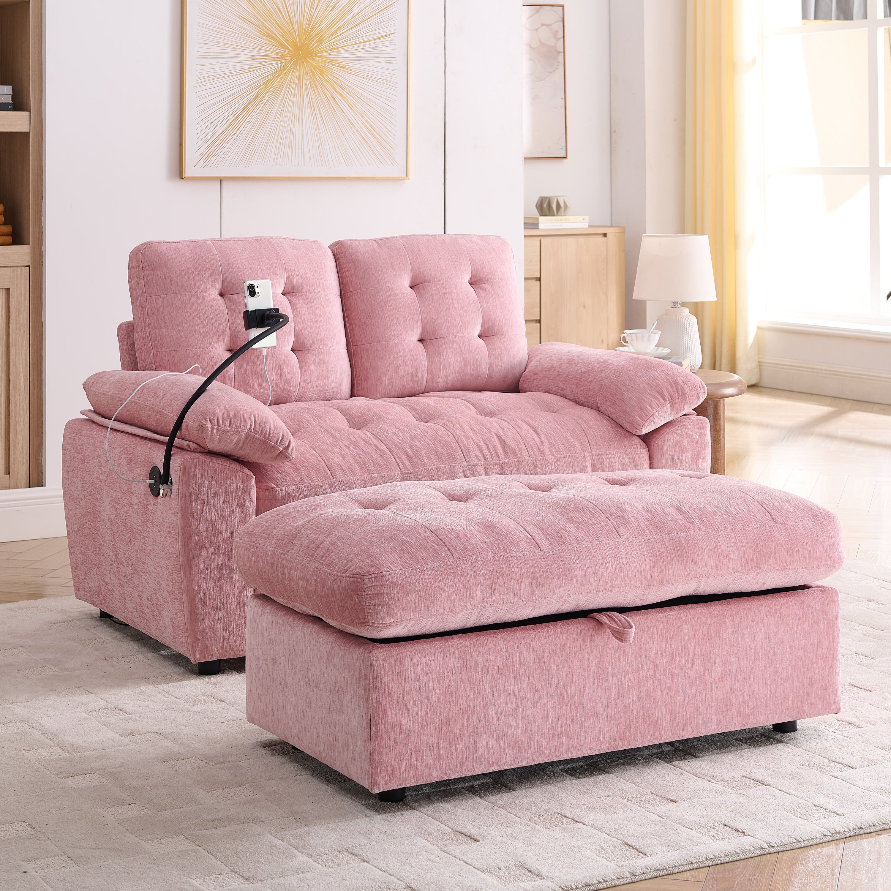Leisure sofa chair,Double sofa recliner, with manually adjustable backrest, soft padded armrests, side USB charging port and phone stand, comes with a matching storage ottoman-Pink