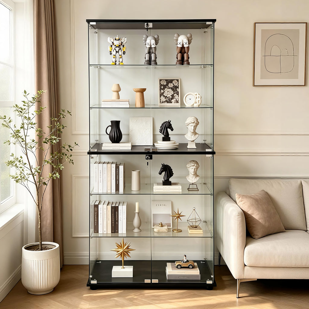 Glass Display Cabinet with 6-Shelf Double Doors and Lock, Clear Tempered Glass Floor Standing Bookshelf for Living Room, Bedroom, Office, 71.85 x 31.69 x 14.37 in, Black