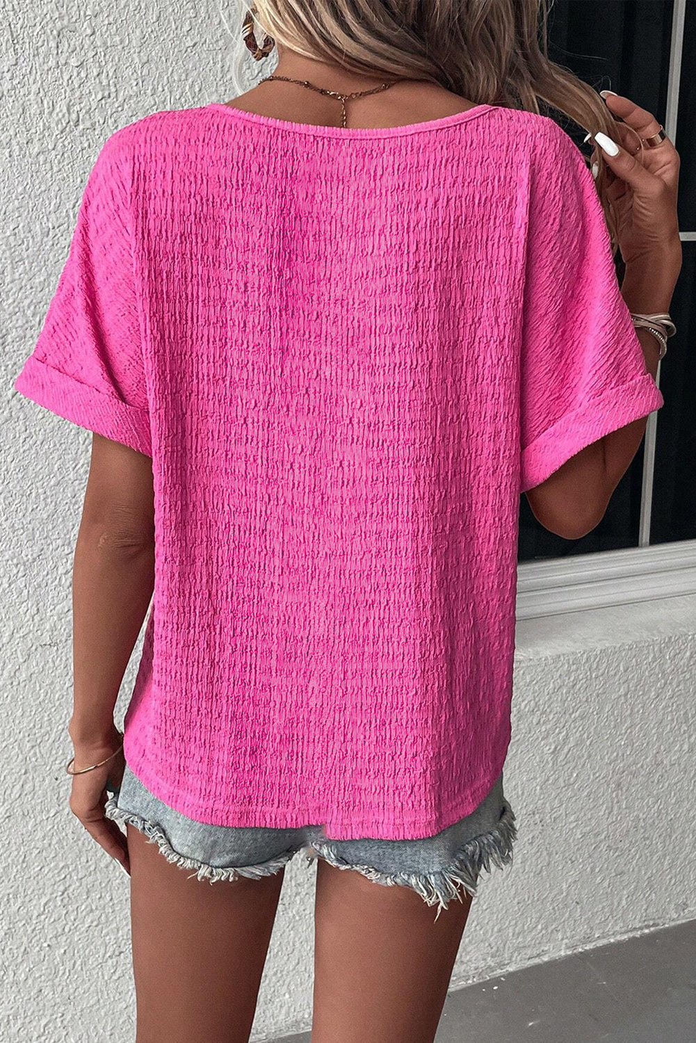 Bright Pink Textured V Neck Batwing Sleeve Plus Size Blouse - Eloy Royal