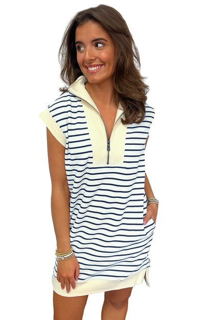 Navy Blue Striped Quarter Zip Collar Cap Sleeve Mini Dress - Eloy Royal