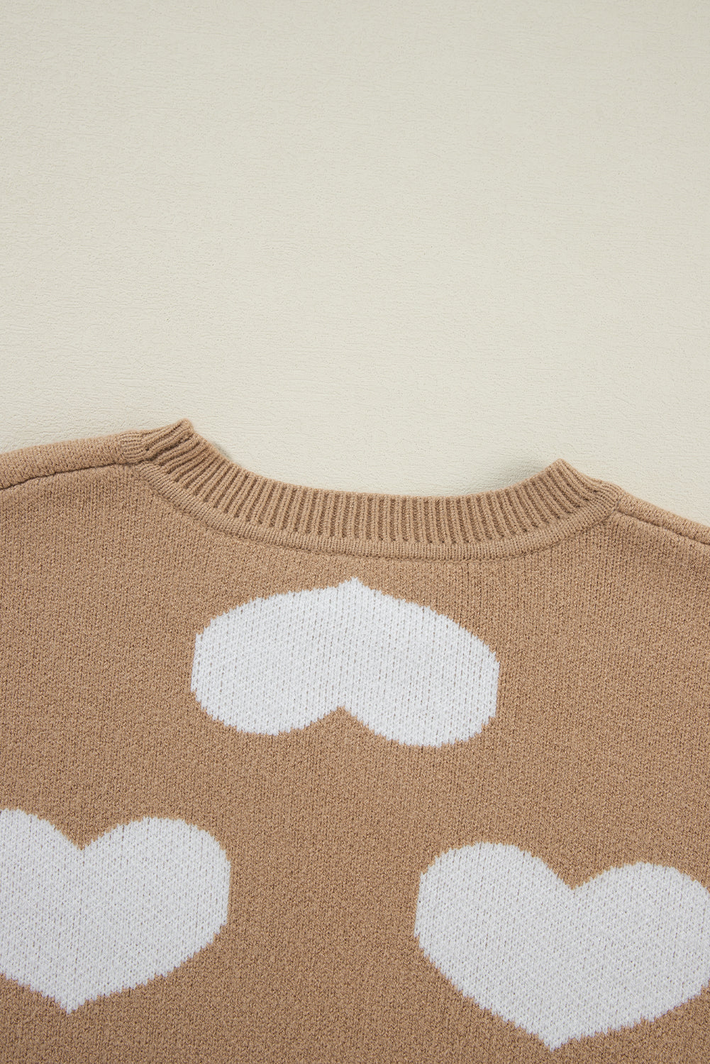 Khaki Heart Pattern Round Neck Sweater