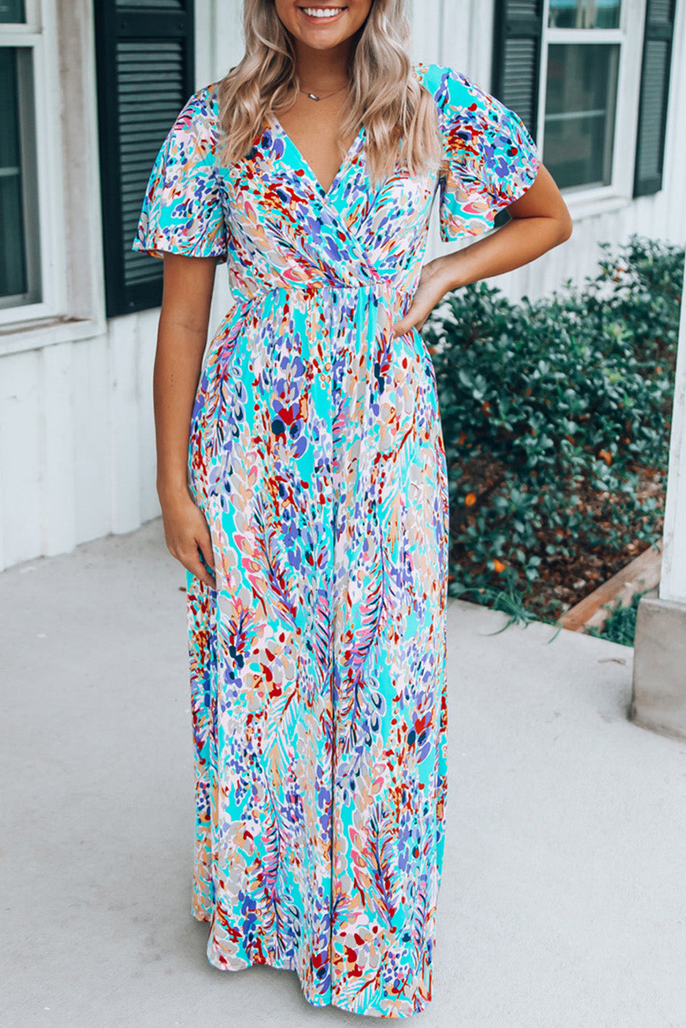 Wholesale Rose Boho Abstract Print V Neck Short Sleeve Maxi Wrap Dress - Eloy Royal