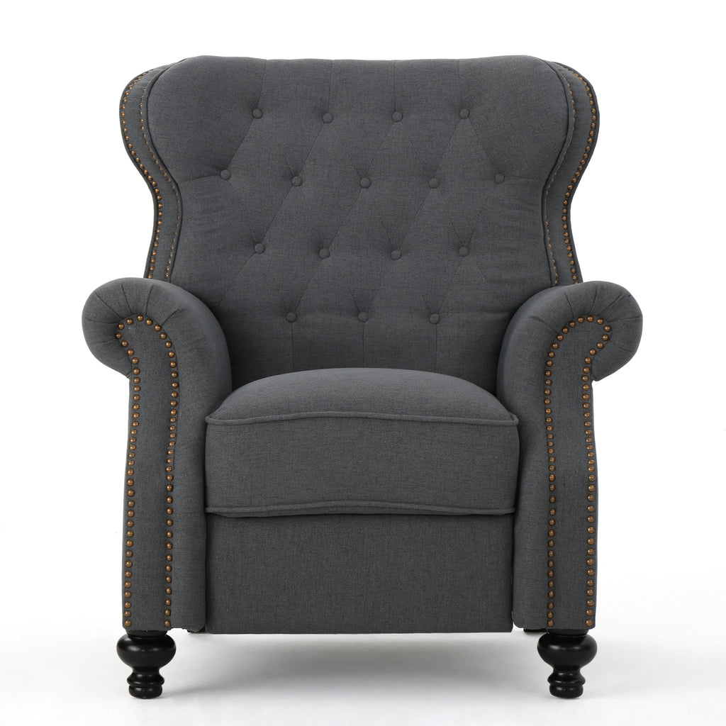 Modern Manual Push Back Recliner Chair Fabric 3-Position Recliner with Rolled Arms Nailhead Trim & Dark Brown Rubber Wood Legs in Charcoal, Plywood Frame, 36.4'L x 35.8'W x 44'H