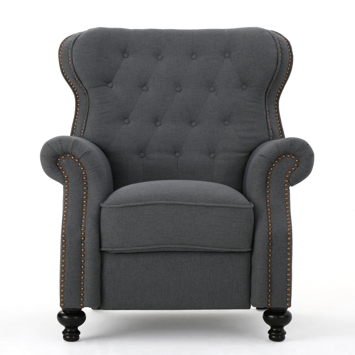 Modern Manual Push Back Recliner Chair Fabric 3-Position Recliner with Rolled Arms Nailhead Trim & Dark Brown Rubber Wood Legs in Charcoal, Plywood Frame, 36.4'L x 35.8'W x 44'H