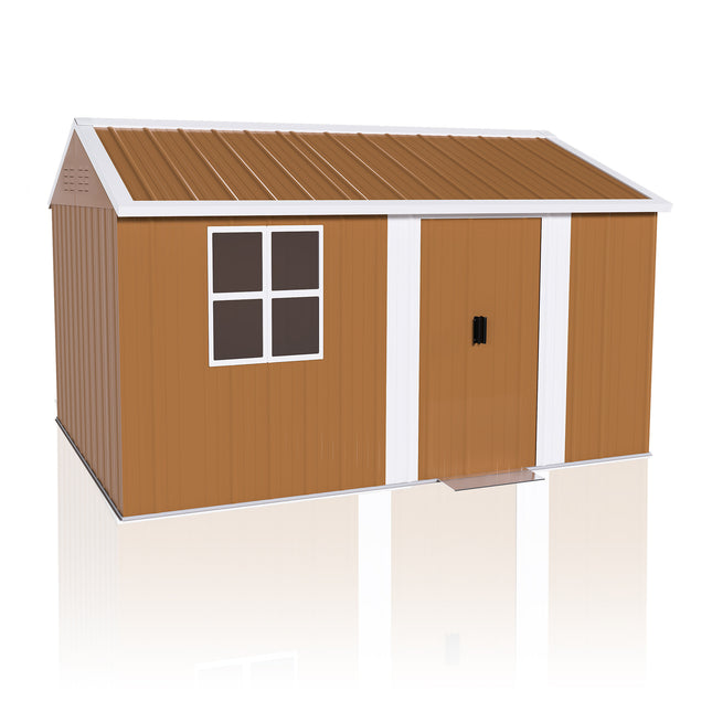 12x8 FT Heavy-Duty Metal Storage Shed with Windows, Lockable Door & Ventilation - Brown Iron+Plastic Outdoor Garden Shed for Backyard Tool Organization