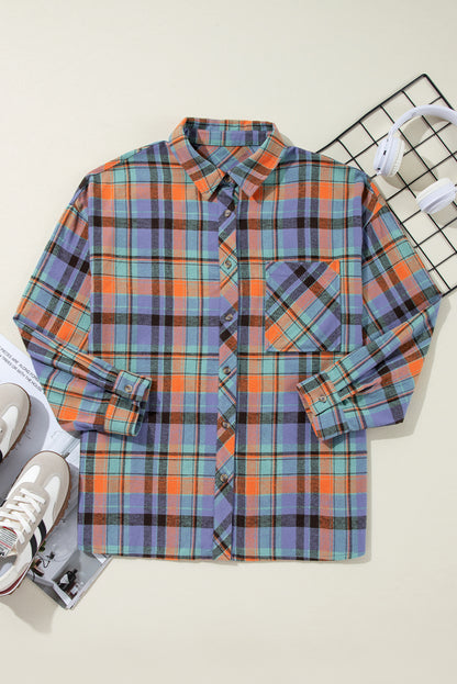 Red Plaid Print Drop Sleeve Loose Shirt