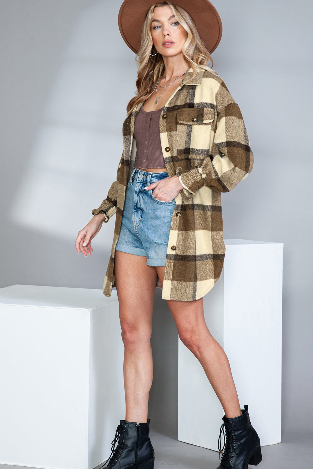 Wholesale Brown Plaid Flap Pocket Smocked Cuff Shacket - Eloy Royal