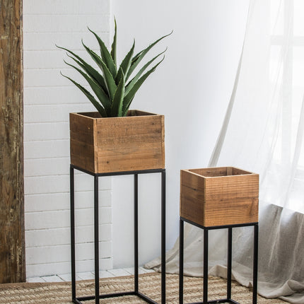 Set of 2 Reclaimed Wooden Box With Black Iron Stand, L:11x11x29.5' S:8.5x8.5x21.5'