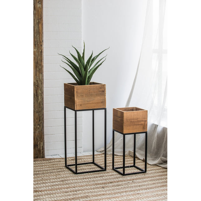 Set of 2 Reclaimed Wooden Box With Black Iron Stand, L:11x11x29.5' S:8.5x8.5x21.5'