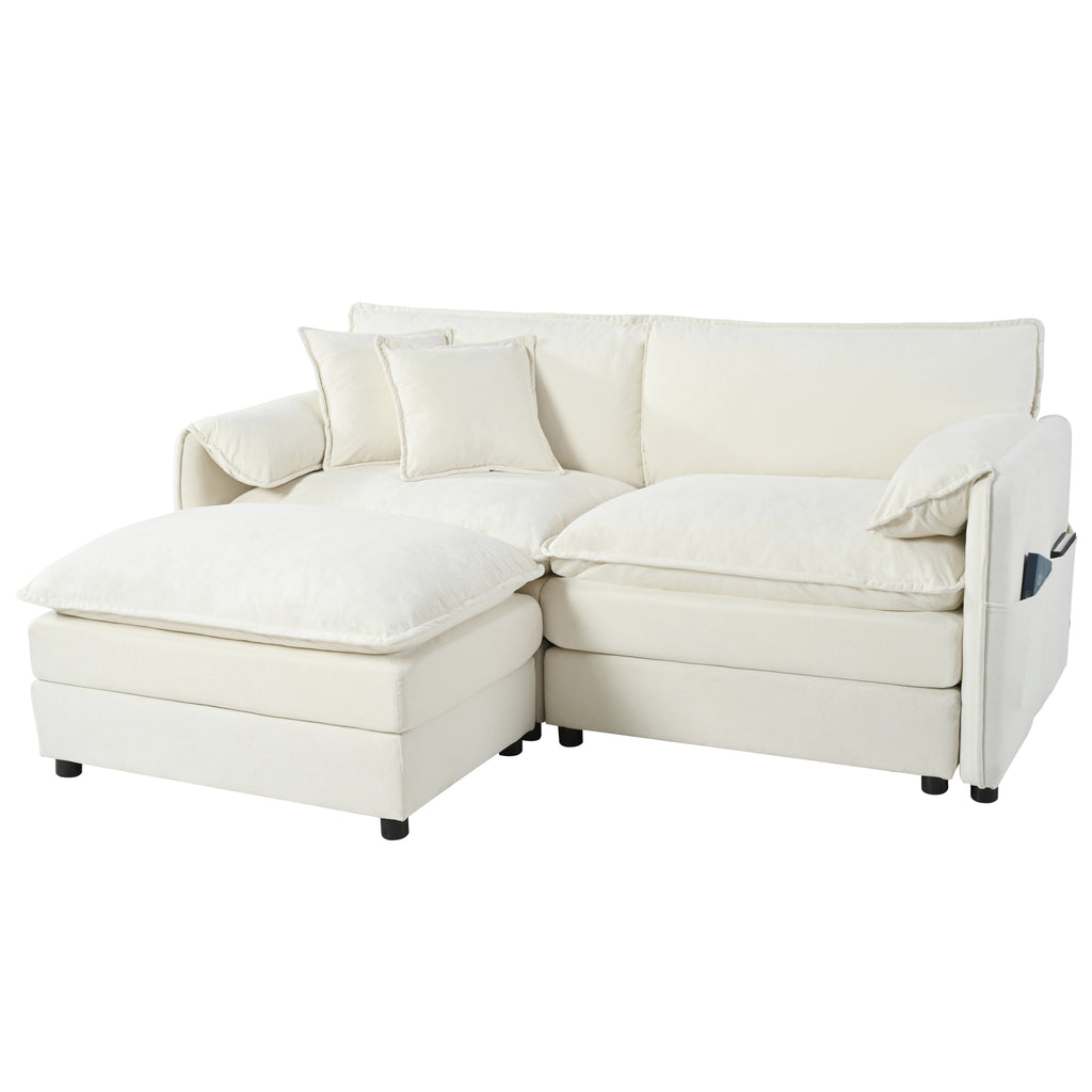 Modern Chenille Deep Seat Sectional Sofa Cloud Couch with Ottoman, Beige Upholstered Modular L Shaped Couch for Living Room, Apartment, Office