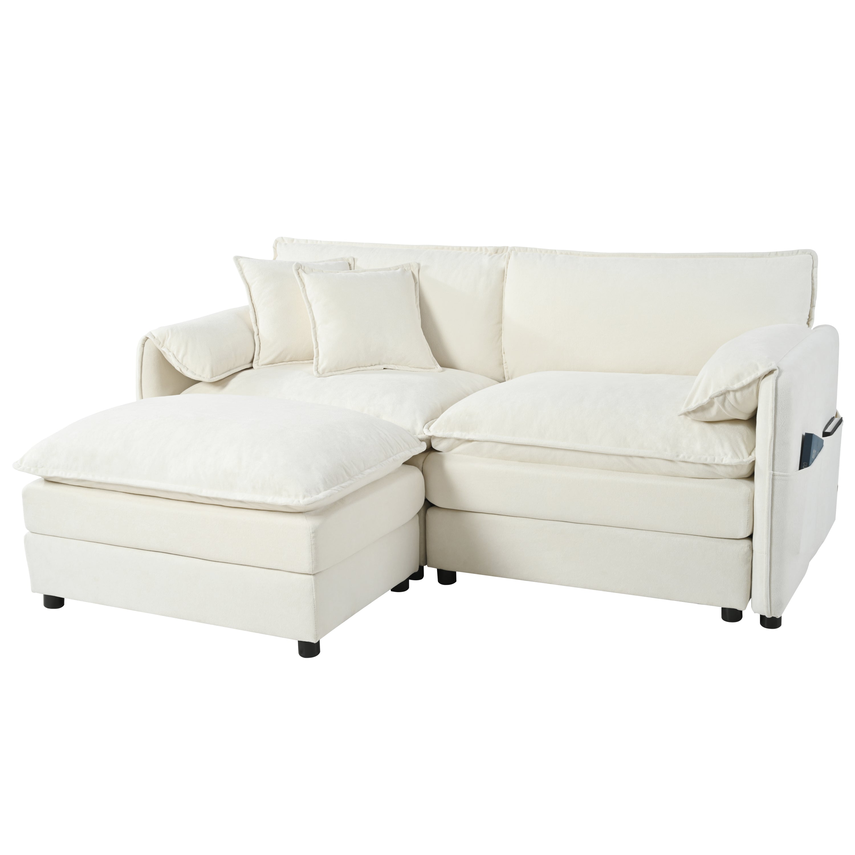 Modern Chenille Deep Seat Sectional Sofa Cloud Couch with Ottoman, Beige Upholstered Modular L Shaped Couch for Living Room, Apartment, Office