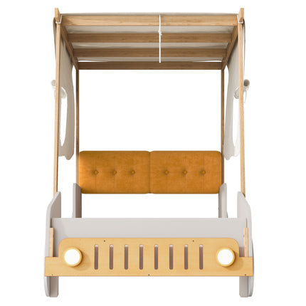 Wood Twin Size Car Bed with Pillow, Ceiling Cloth and LED in Natural Finish, Solid Wood and MDF Frame with Flannel and Woolen Fabric