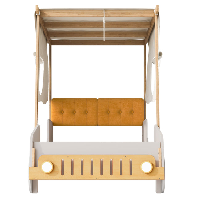 Wood Twin Size Car Bed with Pillow, Ceiling Cloth and LED in Natural Finish, Solid Wood and MDF Frame with Flannel and Woolen Fabric