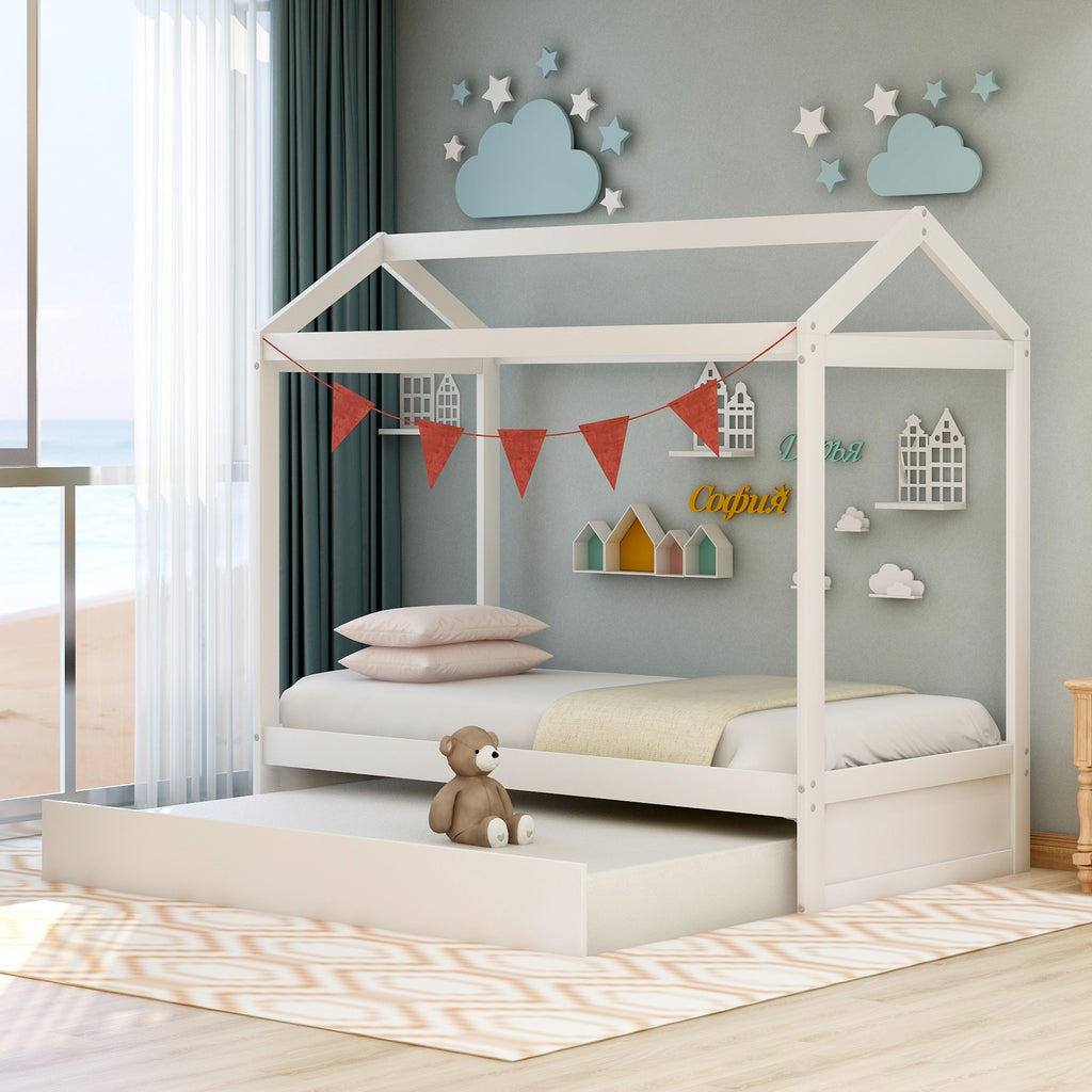 House Bed with Trundle in White, Pine Wood and MDF, Twin Size, Pre-Drilled Holes for Easy Assembly