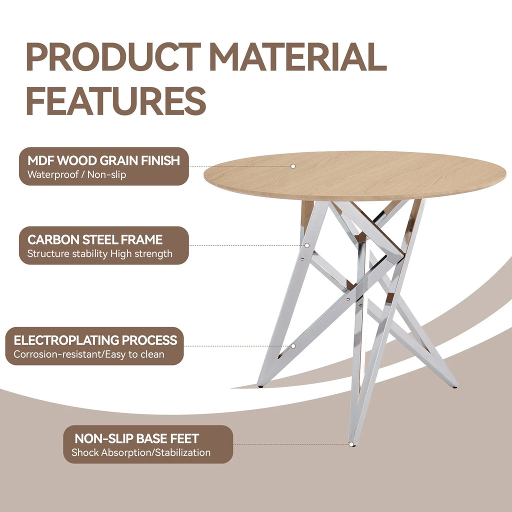 37Inch Round Dining Table, Small Round Kitchen Table With Silver Metal Legs, Suitable For 2 To 4 People, Modern Dining Room Table, Burlywood. - Eloy Royal