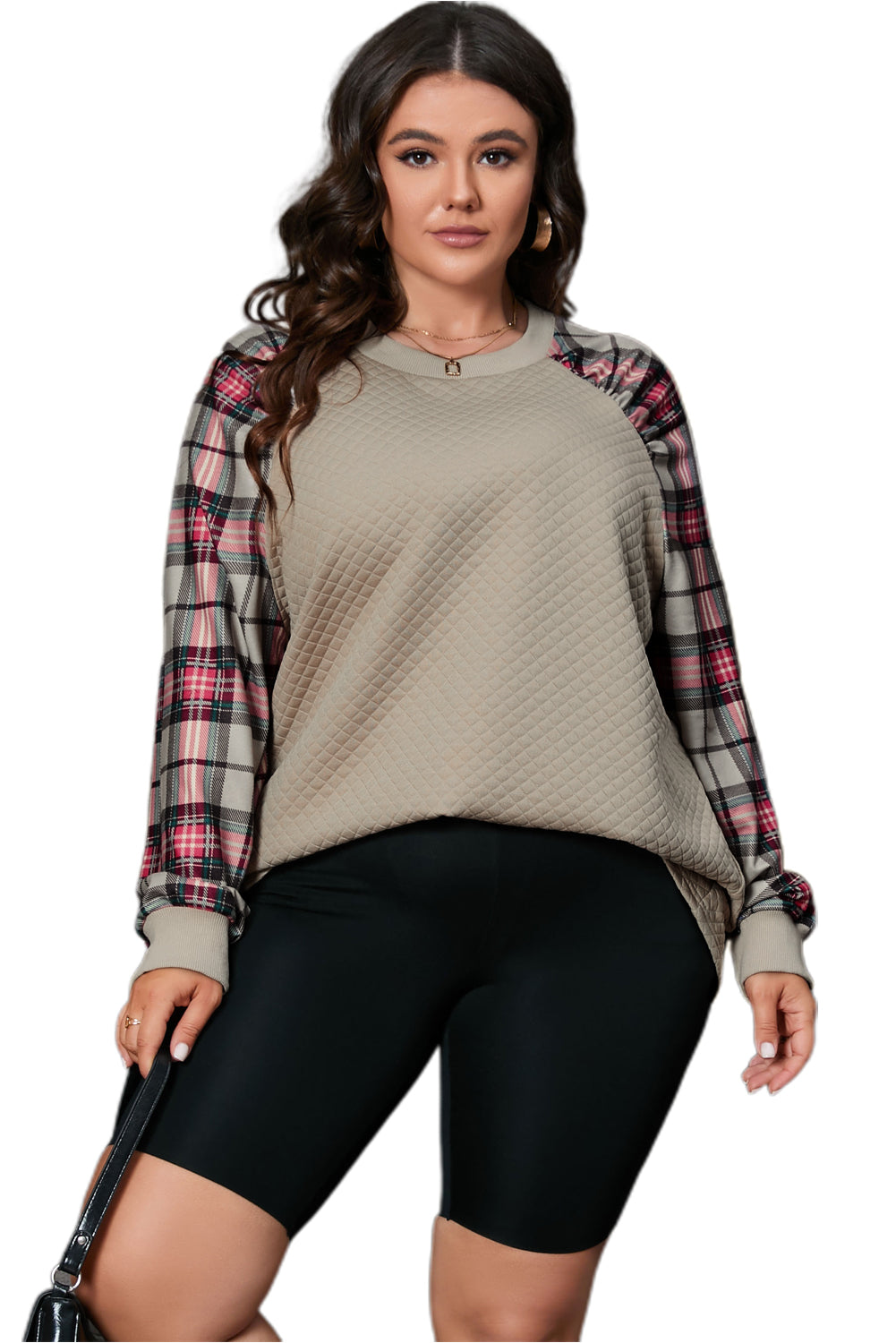 Apricot Plus Size Plaid Raglan Sleeve Crew Neck Sweatshirt - Eloy Royal