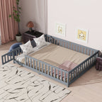 Queen Size Floor Bed with Fence,Door,Rubber Wood Floor Bed with Safety Guardrails,Grey