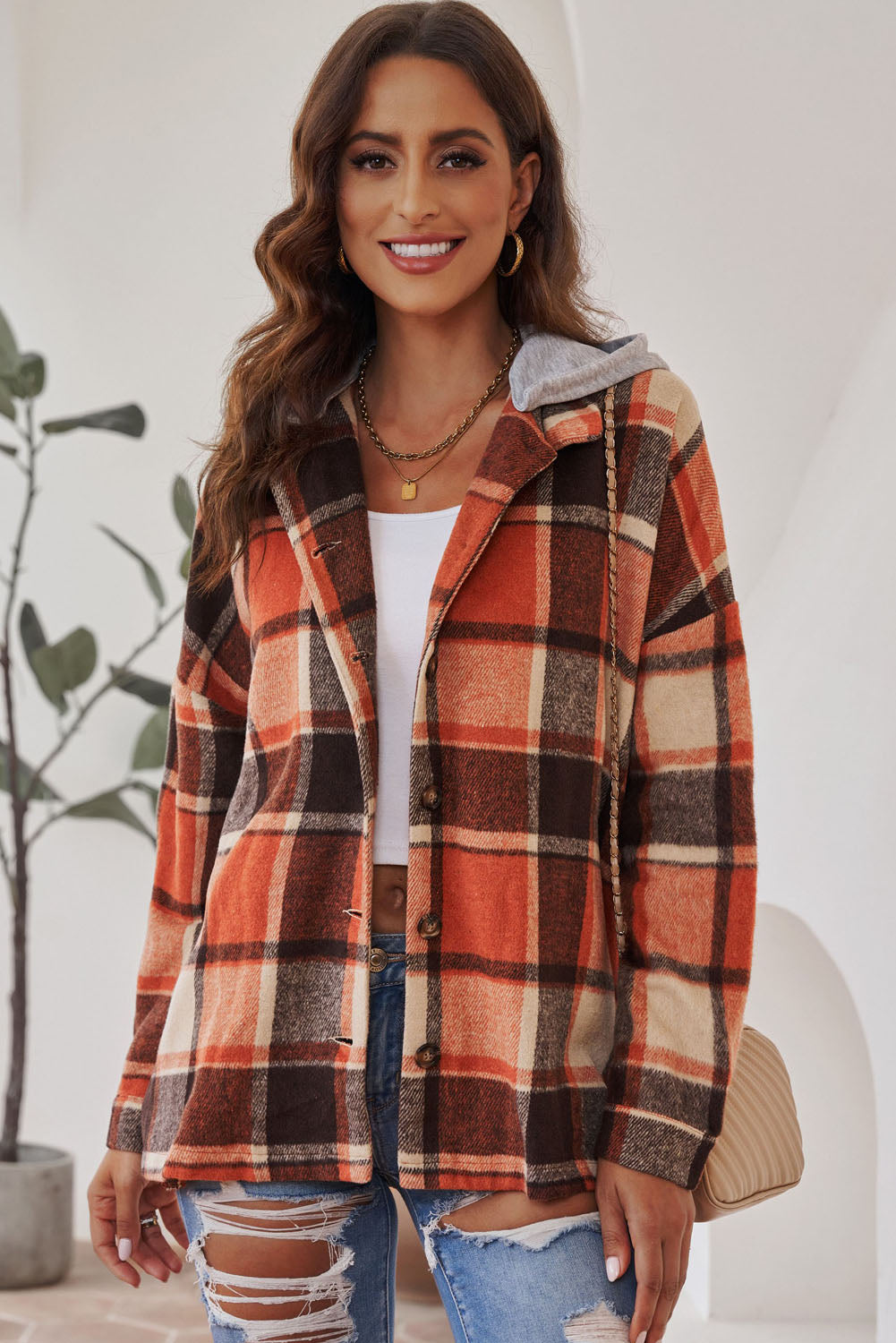 Orange Plaid Button Front Hooded Shacket - Eloy Royal