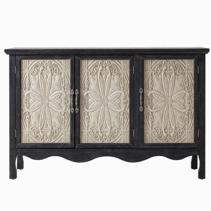 Black French Farmhouse 3-Door Sideboard Buffet Cabinet with Storage, 49.2' Wide, Solid Wood Legs, Rustic MDF Construction