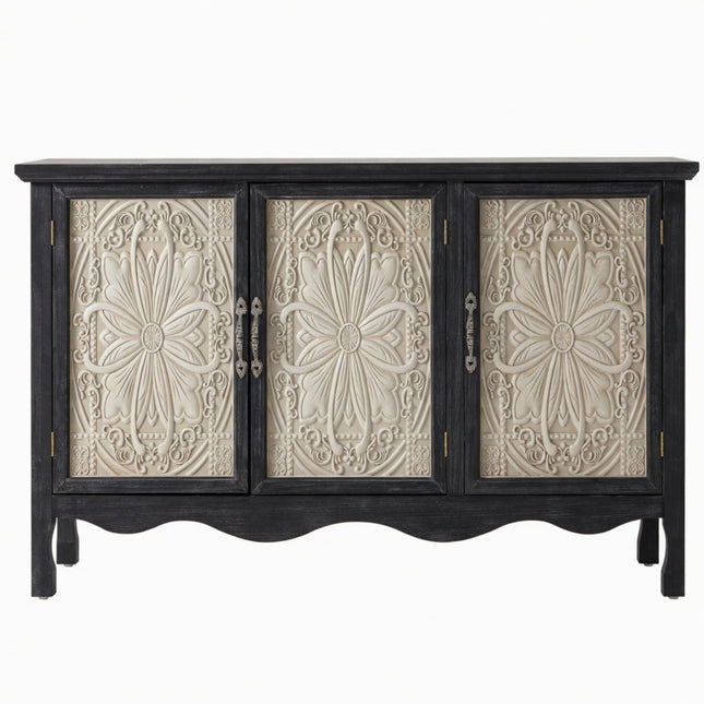Black French Farmhouse 3-Door Sideboard Buffet Cabinet with Storage, 49.2' Wide, Solid Wood Legs, Rustic MDF Construction