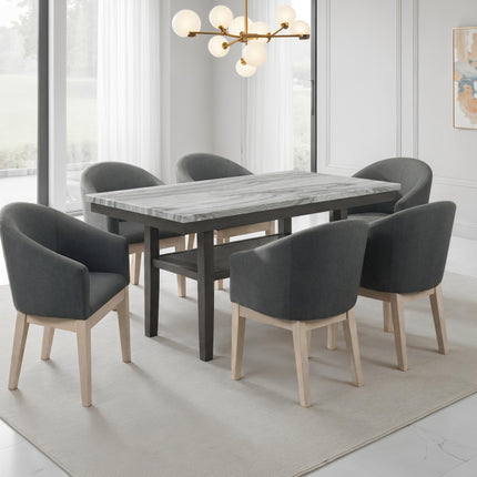 Selena 7-Piece Dining Set with 60' Rectangular Gray Faux Marble Top Table, Storage Shelf & 6 Gray Upholstered Barrel Chairs