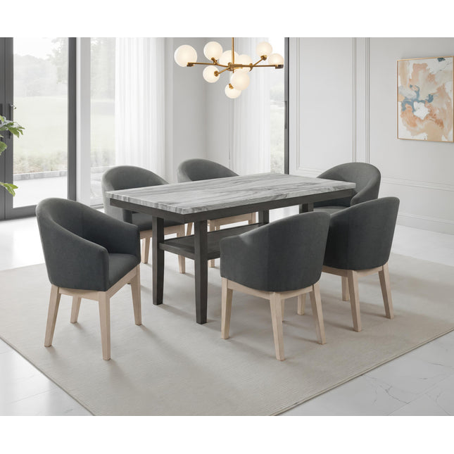 Selena 7-Piece Dining Set with 60' Rectangular Gray Faux Marble Top Table, Storage Shelf & 6 Gray Upholstered Barrel Chairs