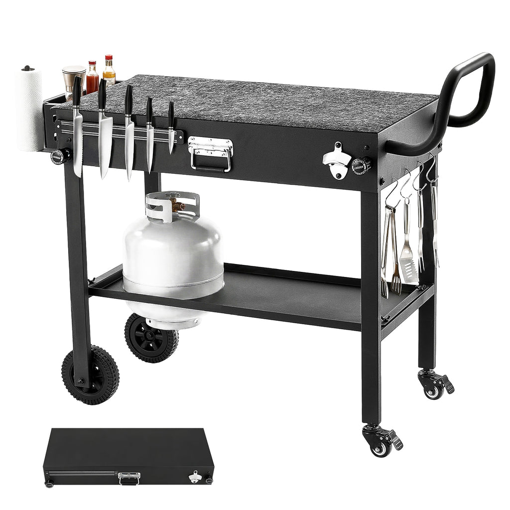 Outdoor Grill Cart, 31.0 x 17.0 inch Tabletop Size Grilling Table, Foldable Outdoor Cooking Table with Tissue Holder, Wheels, Magnetic Tool Rack, BBQ Prep Tables for Picnic, Kitchen, Courtyard
