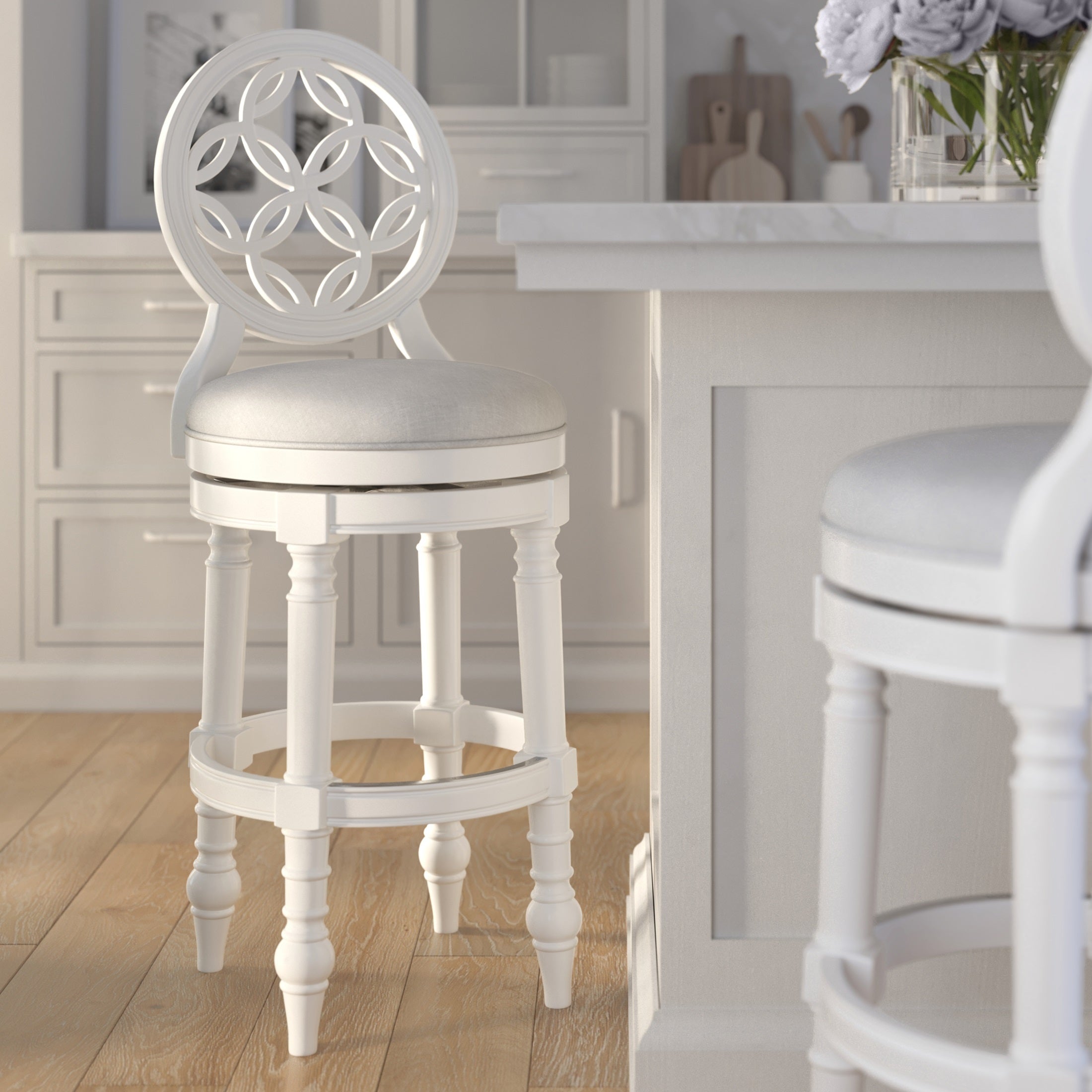 Tiffany 31' Wood Bar Stool with Back and Swivel Upholstered Seat, Farmhouse White