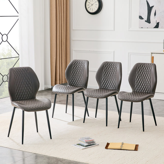 Set of 4 modern light luxury dark gray diamond-quilted PU chairs with black metal legs. Suitable as upholstered dining chairs with backrests for dining rooms, adaptable to a wide range of scenarios.