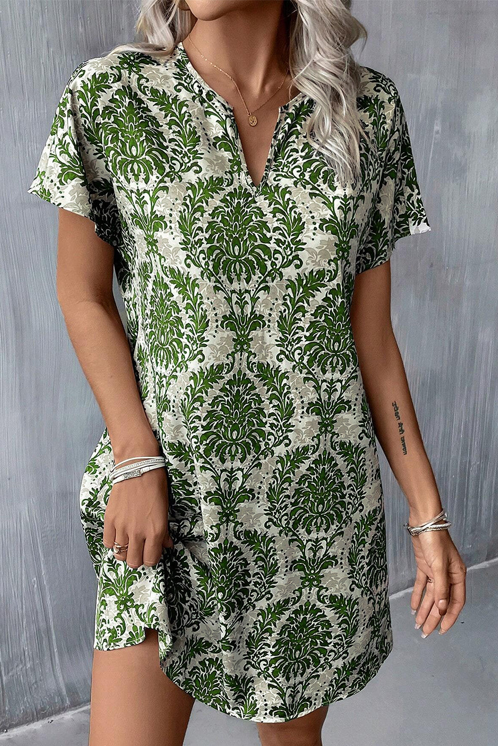 Green Floral Print V Neck Short Dolman Sleeve Mini Dress - Eloy Royal