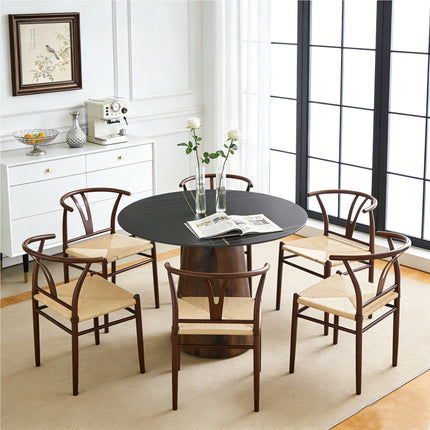 Table and chair set. A 42 inch rock slab round table, paired with six uniquely designed dining chairs with walnut coloer metal legs. The table legs are made of walnut density board material.