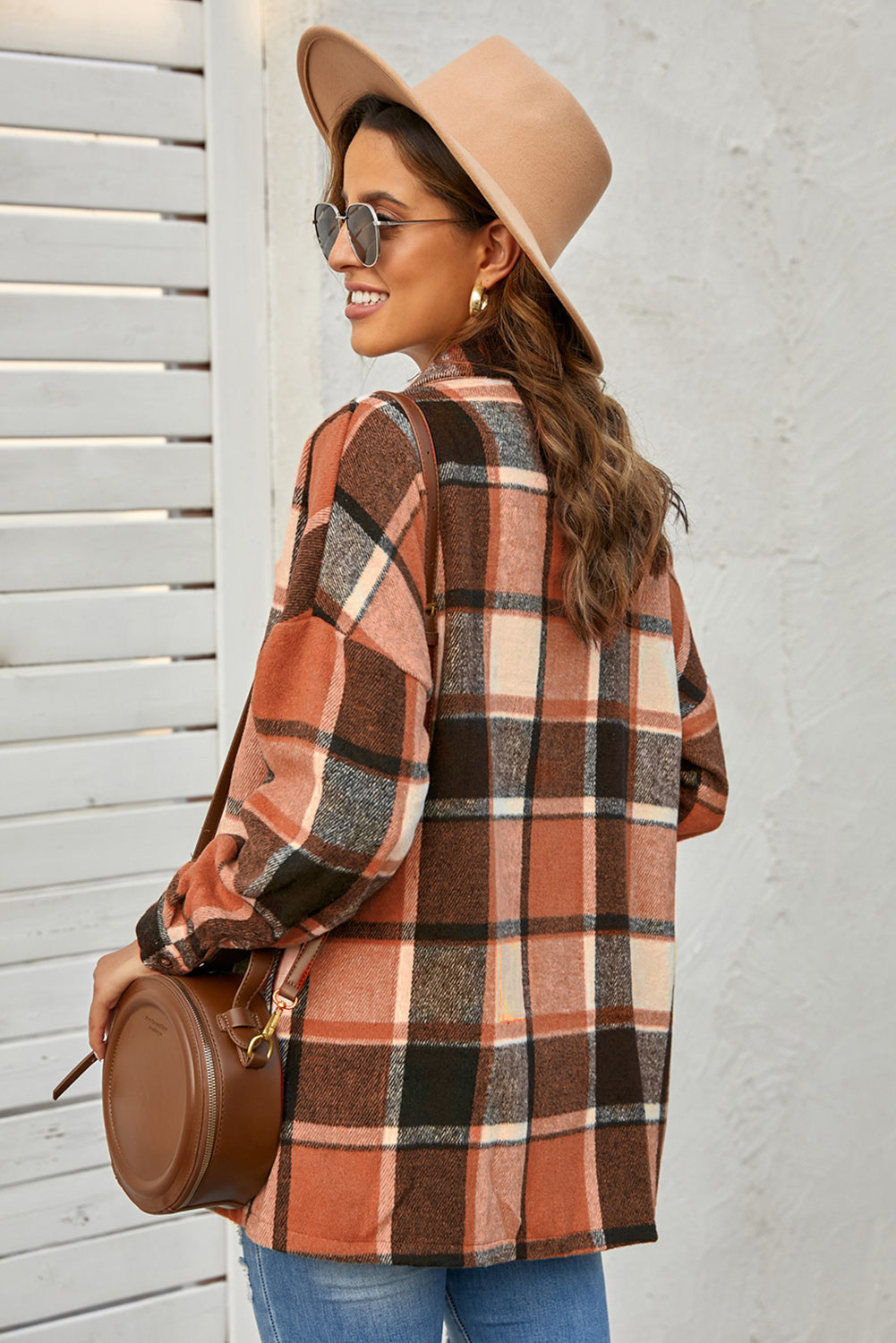 Orange Plaid Button Up Long Sleeve Flannel Shacket - Eloy Royal