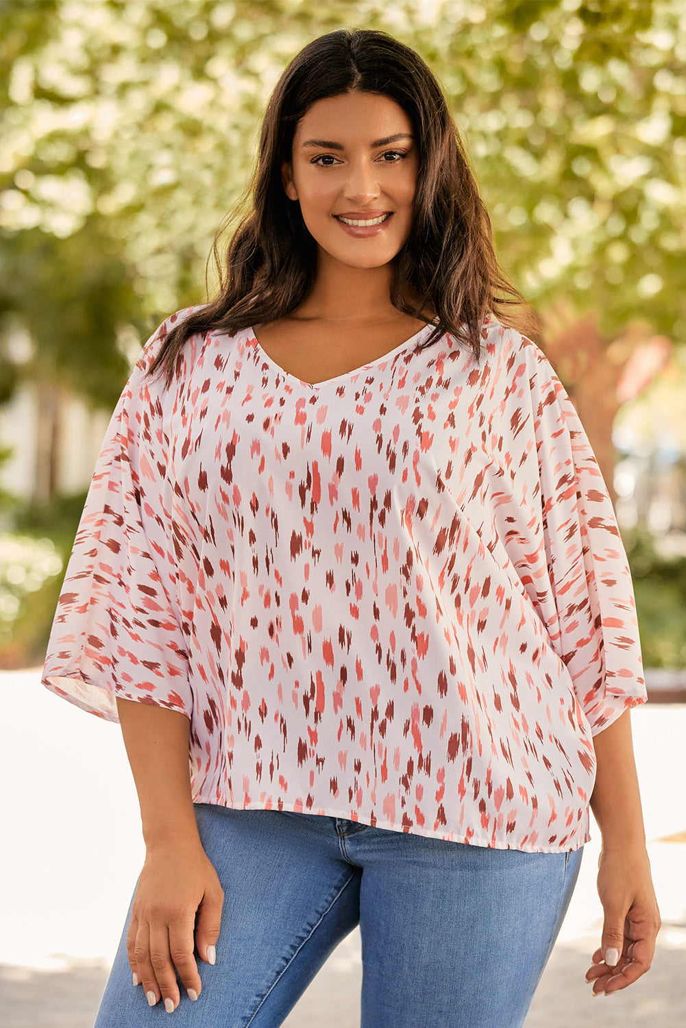 Pink Elegant Polka Dots 3/4 Dolman Sleeve Plus Size Blouse - Eloy Royal