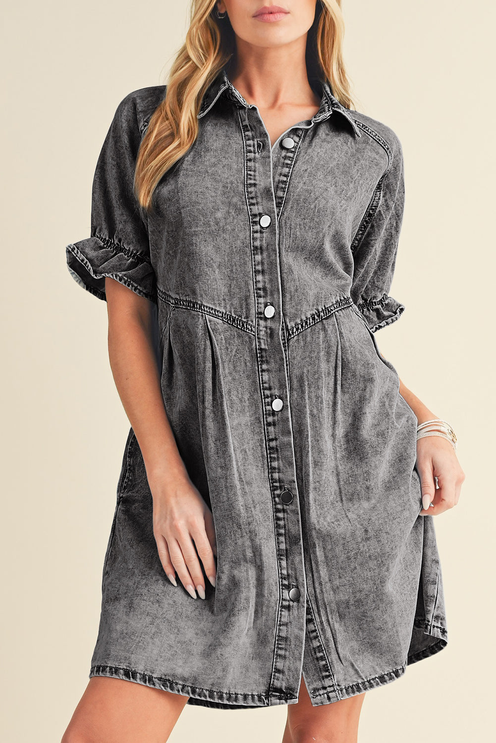 Blue Mineral Washed Ruffled Short Sleeve Pocketed Denim Dress - Eloy Royal