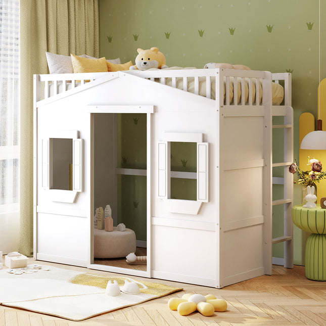 Twin Size House Loft Bed With Ladder-White(OLD SKU:LT000335AAK)