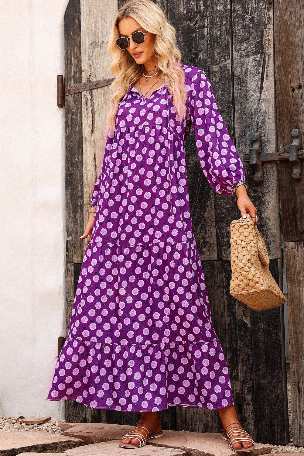 Purple Boho Printed V Neck Puff Sleeve Maxi Dress - Eloy Royal