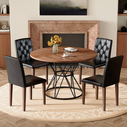 Table and chair set.A circular walnut MDF dining table with a diameter of 47.3 inches,black hourglass shaped metal brackets.Paired with 4 Black PU chairs with decorative buckle design on the backrest.