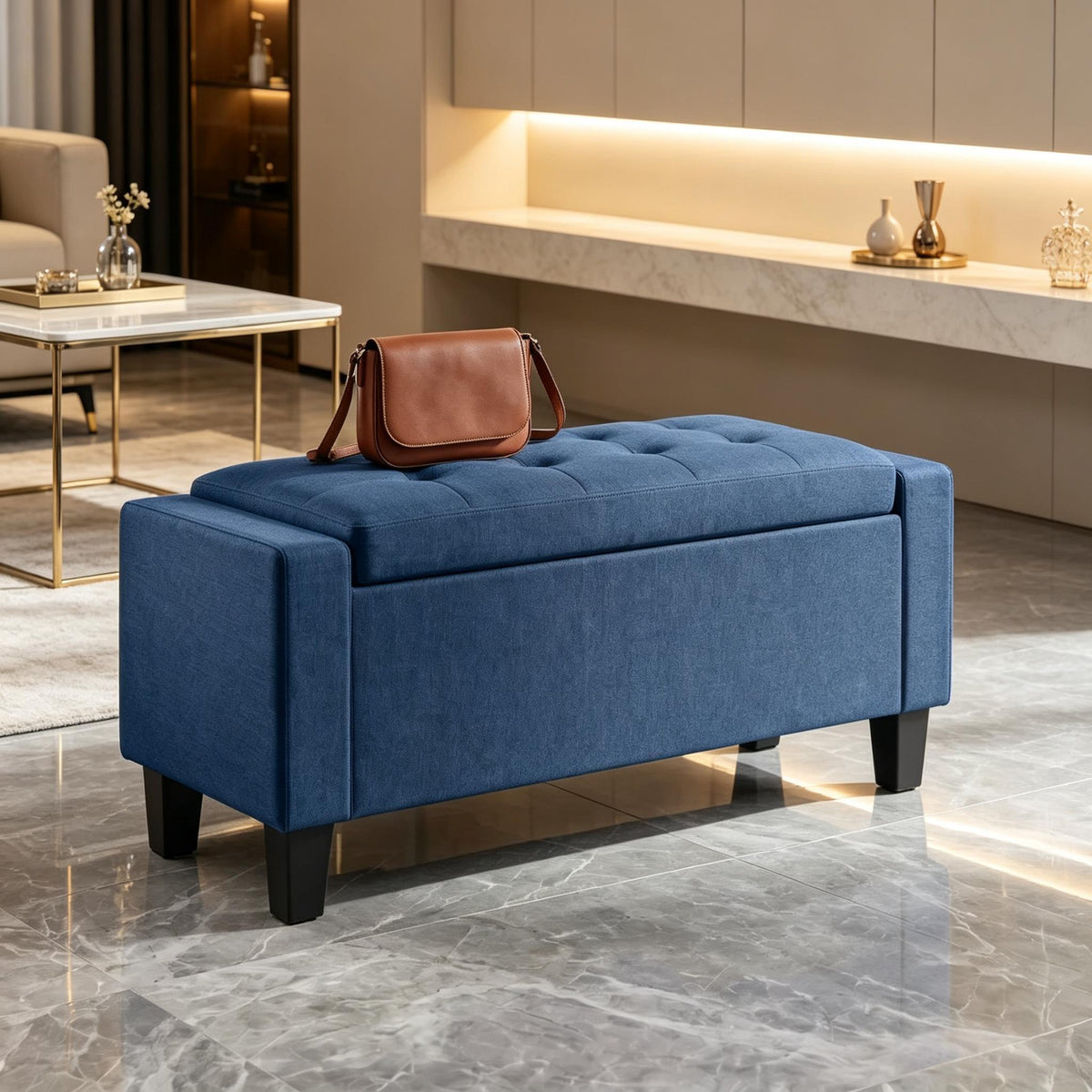 36.6 Inch Tufted Armrest Storage Ottoman Bench with Wooden Legs for Entryway Bedroom Living Room