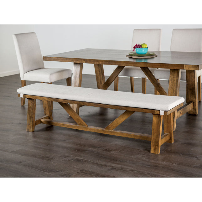 1pc Upholstery Bench Brown And White Finish Fabric Cushion On Top Upholstered Seat Trestle Base Rustic