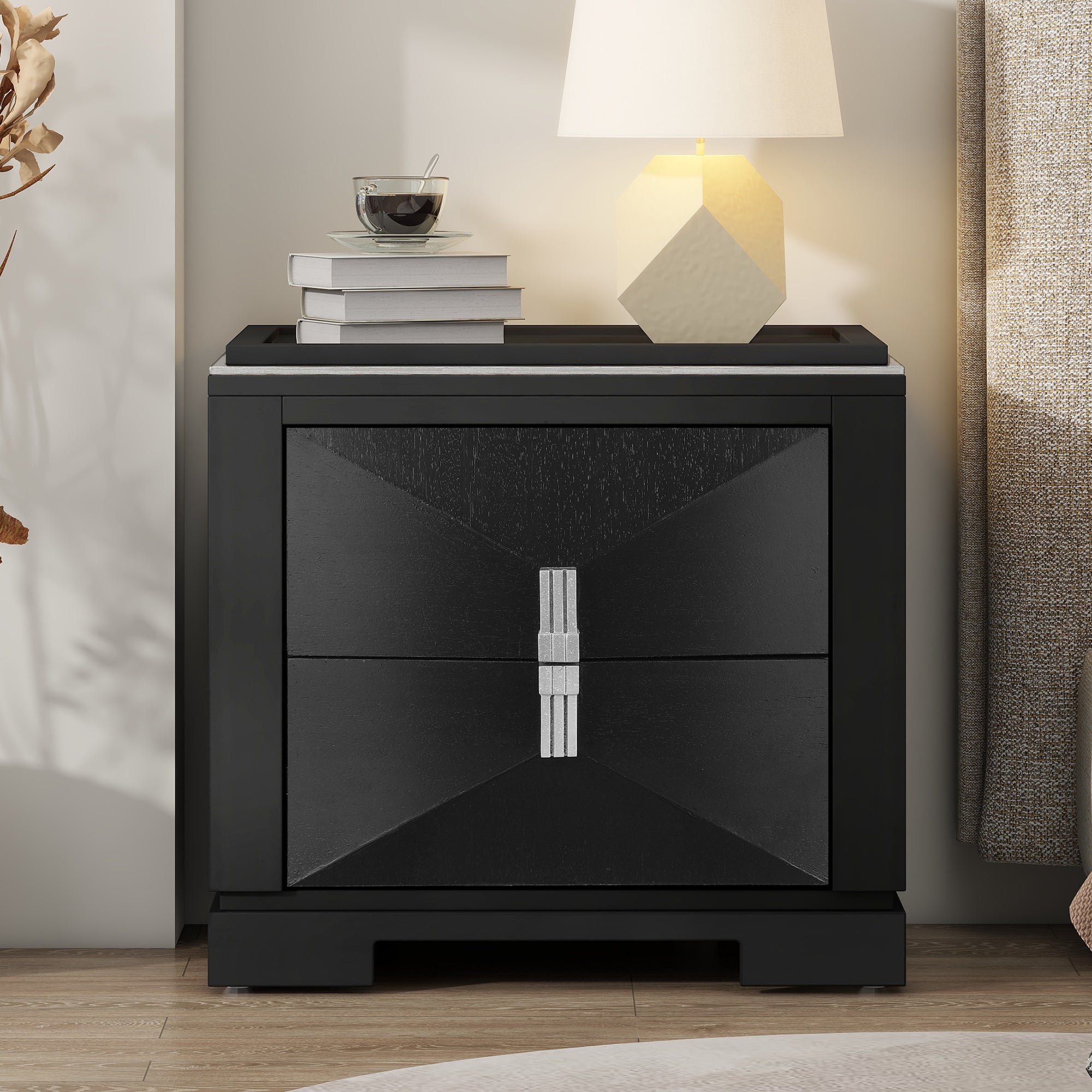 Mid-Century Modern Nightstand, 2 Drawers Wide Sofa Side Table,Wood Diamond Shaped End Table with Storage,Closet with Heavy Duty Base,Small Bedside Table for Bedroom,Living Room,Entrance,Black