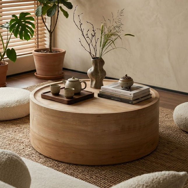 31.5' Round Coffee Table with Natural Wood Grain for Living Room, Modern Drum Circle Coffee Table for Living Room, No Need Assembly