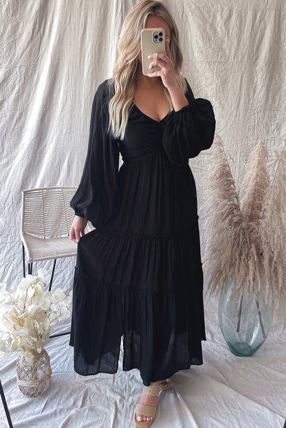 Black V Neck Bowknot Cutout Frill Tiered Maxi Dress - Eloy Royal