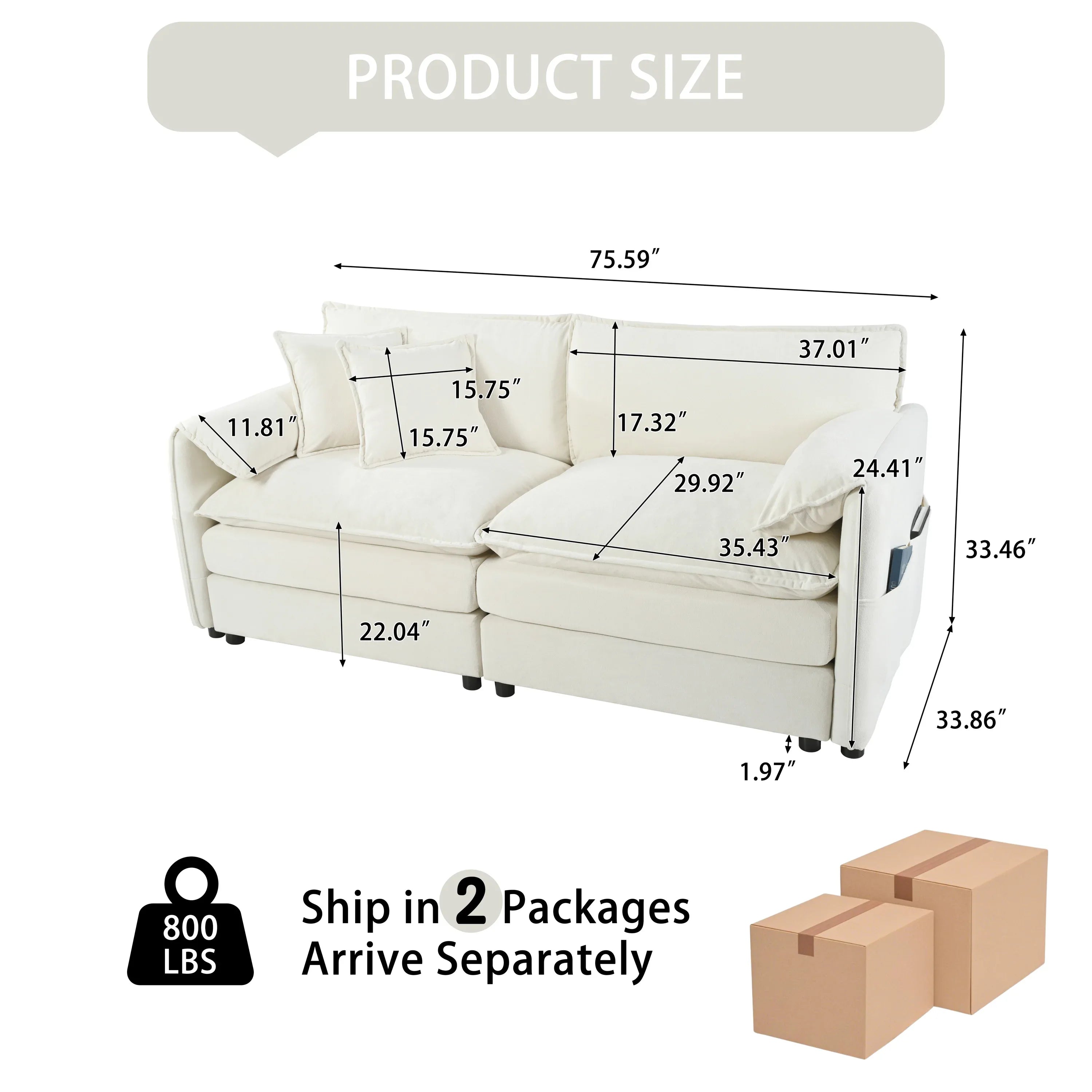 (Old:W3163S00004) Oversized Chenille Loveseat Sofa, Oversized 2-Seater Small Cloud Couch, Modern Comfy Deep Seat Love Seat for Living Room Bedroom Office Apartment,DIY Combination,Chenille,Beige - Eloy Royal
