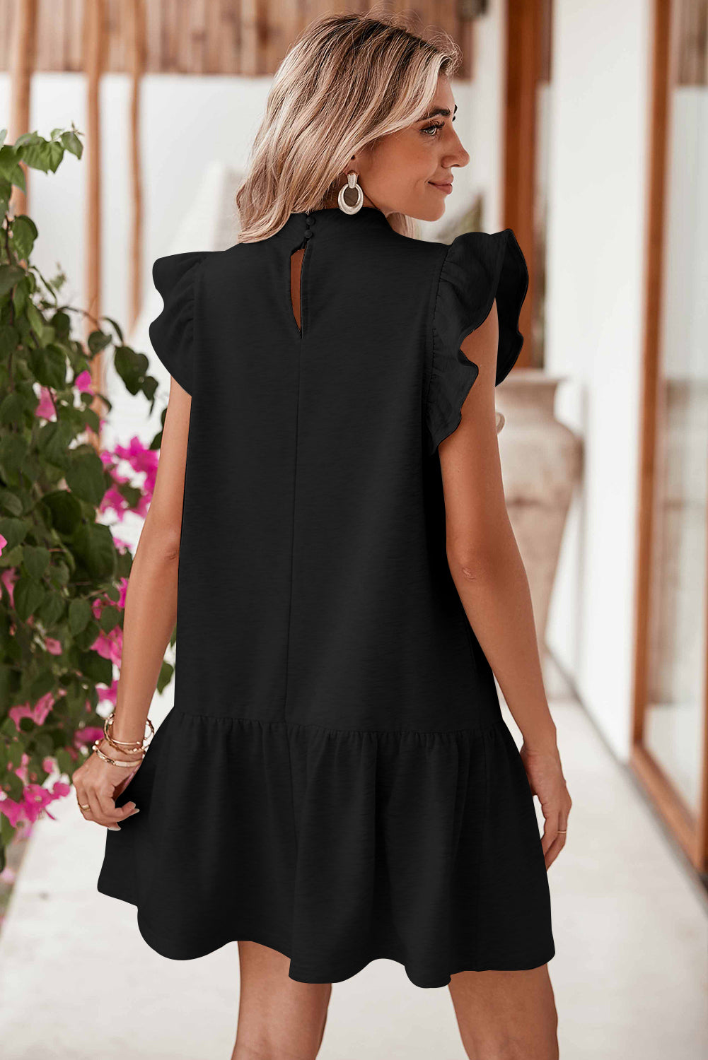 Black Solid Color Ruffle Hem Mini Sweatshirt Dress - Eloy Royal