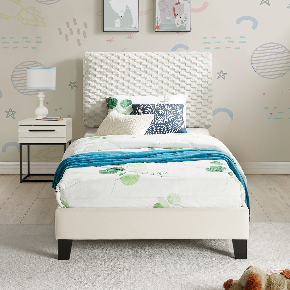 Findlay 2-Piece Bedroom Set, Plush 3D Upholstered Bed with Nightstand, Twin