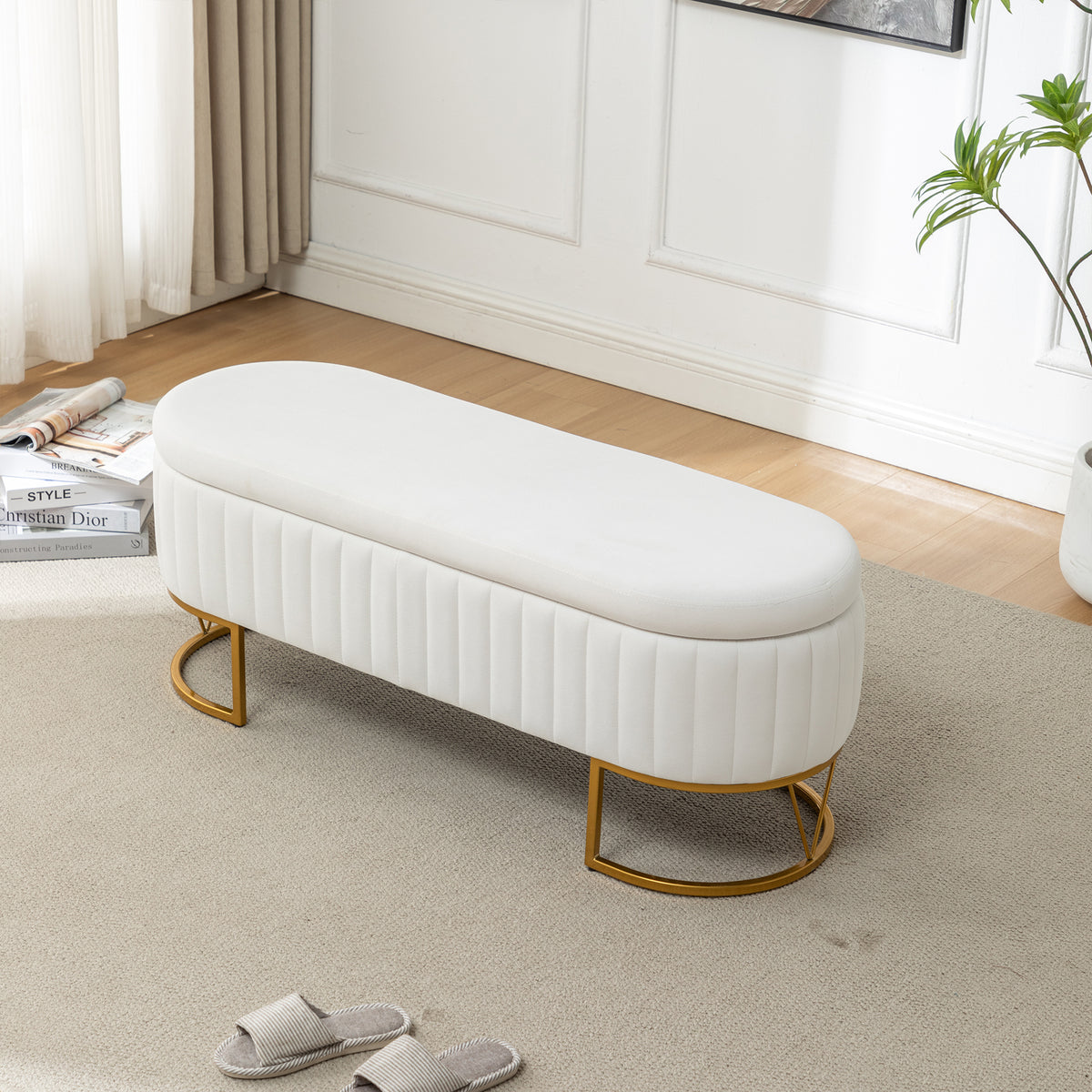 Storage Bench Bedroom Bench, Velvet Oval Upholstered End of Bed Bench with Golden Metal Legs, Modern Storage Ottoman Bench for Bedroom, Living Room, Entryway,Window,Ivory