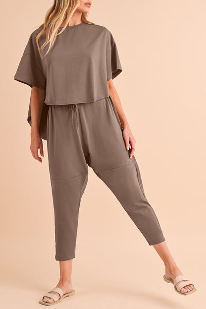 Taupe Batwing Sleeve High Low Tee and Drawstring Crop Pants Set - Eloy Royal